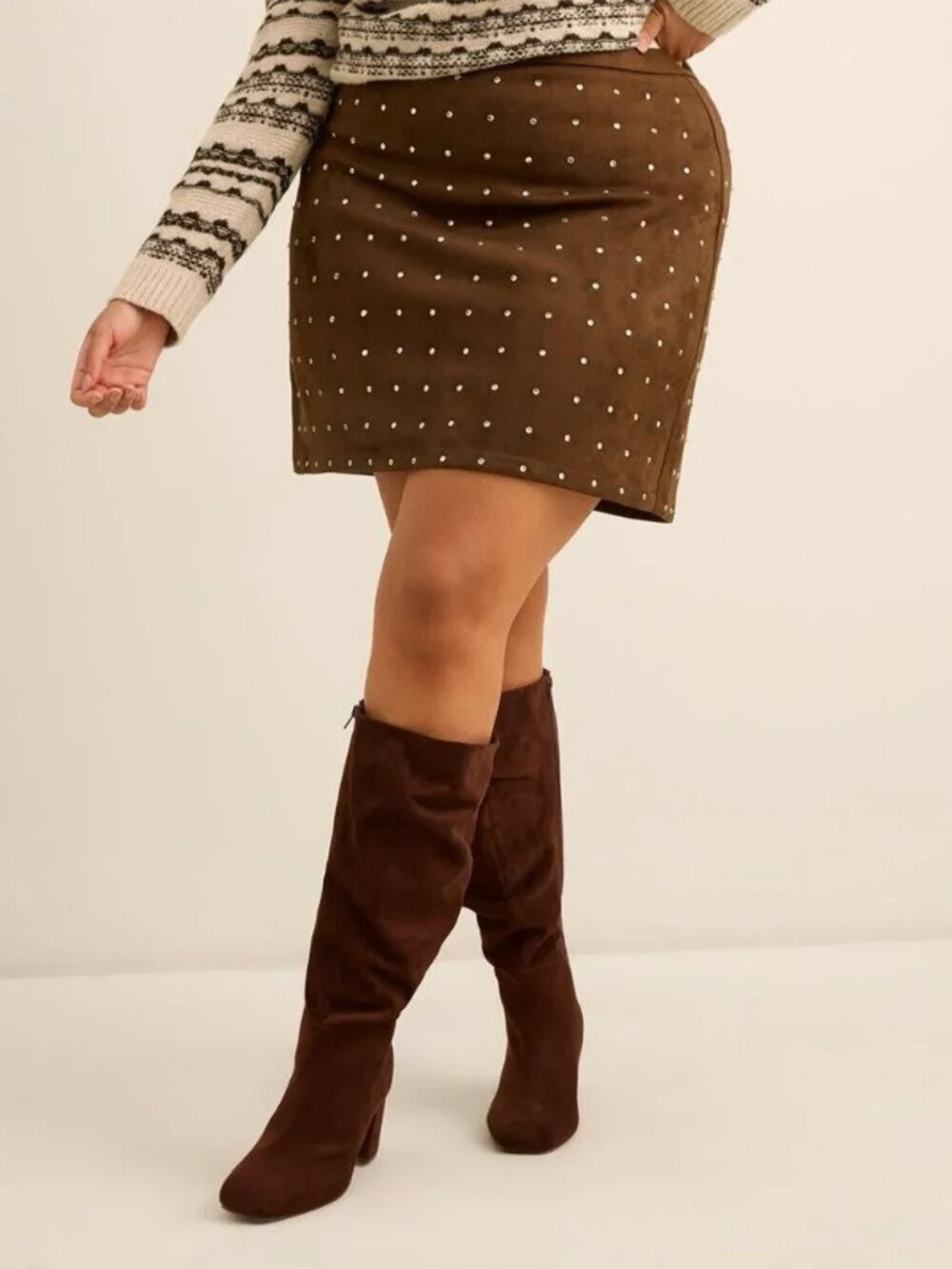 Brown Faux-Suede Mini Skirt with Rhinestones-NWT-PLUS SIZE – Pennington’s - Picture 2 of 5